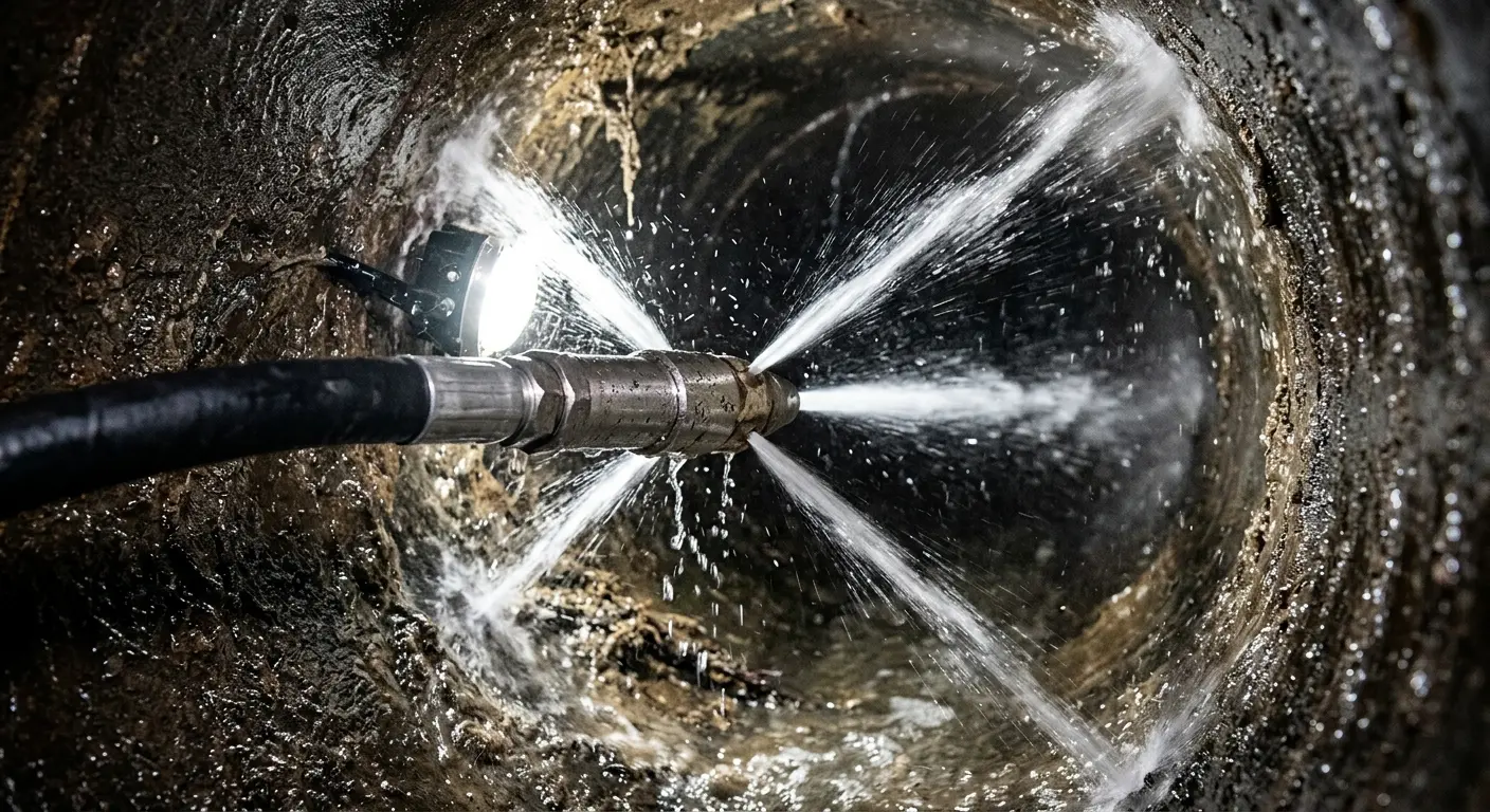 High-pressure hydro jetting nozzle cleaning sewer pipe for Sewer Cleanout in Barstow