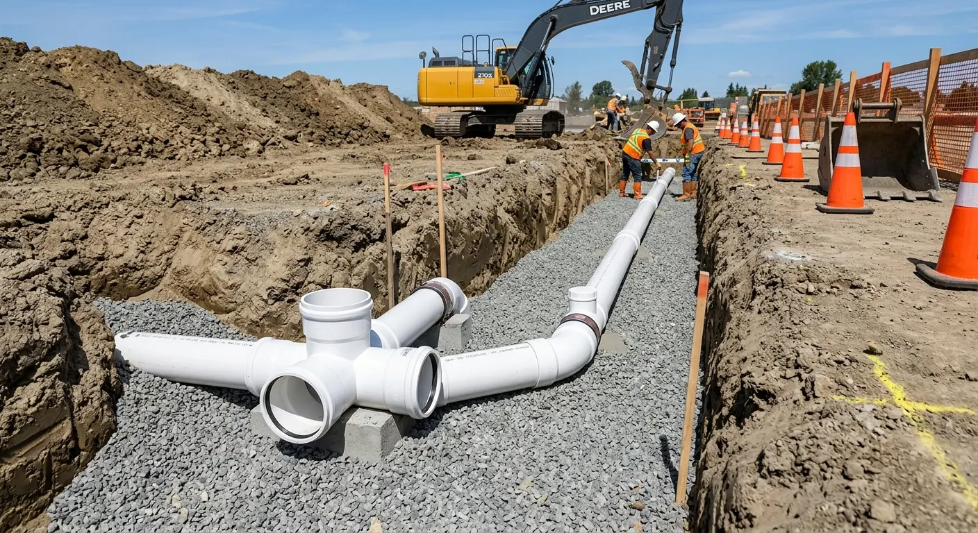 New PVC sewer pipe installation in open trench for Sewer Backup in Barstow