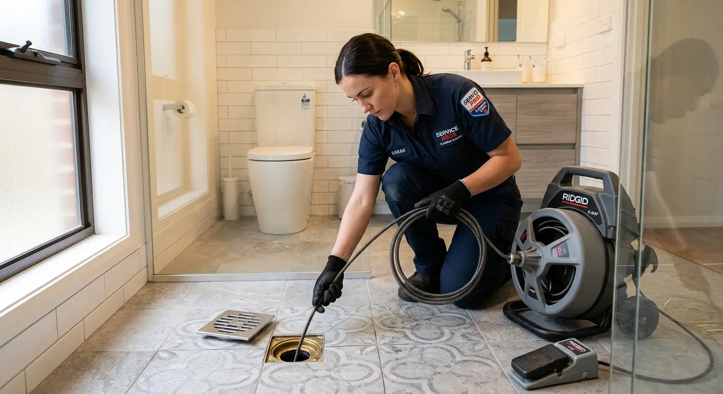 Technician clearing a bathroom floor drain for Hydro Jetting in Barstow